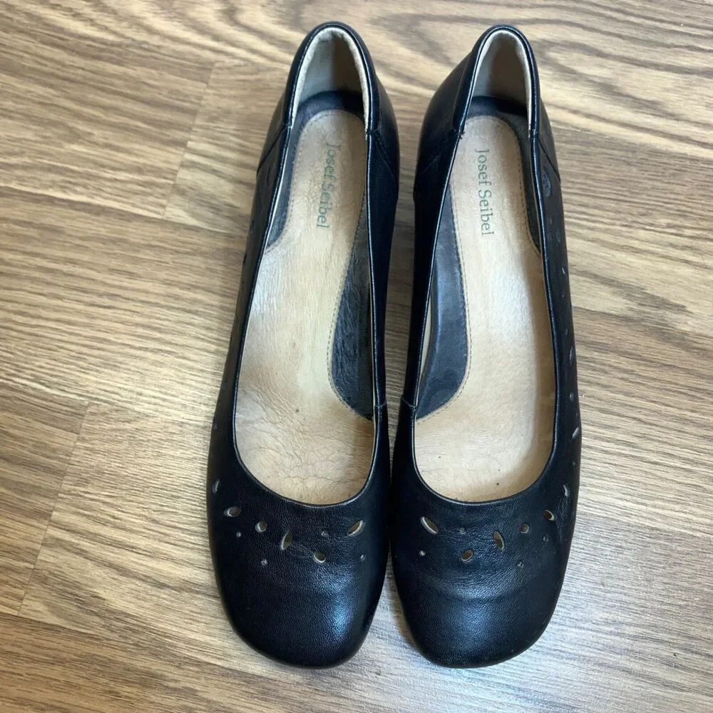 Josef Seibel Slip On Shoe‎ Black Laser Cut Leather Wedge Size 39
